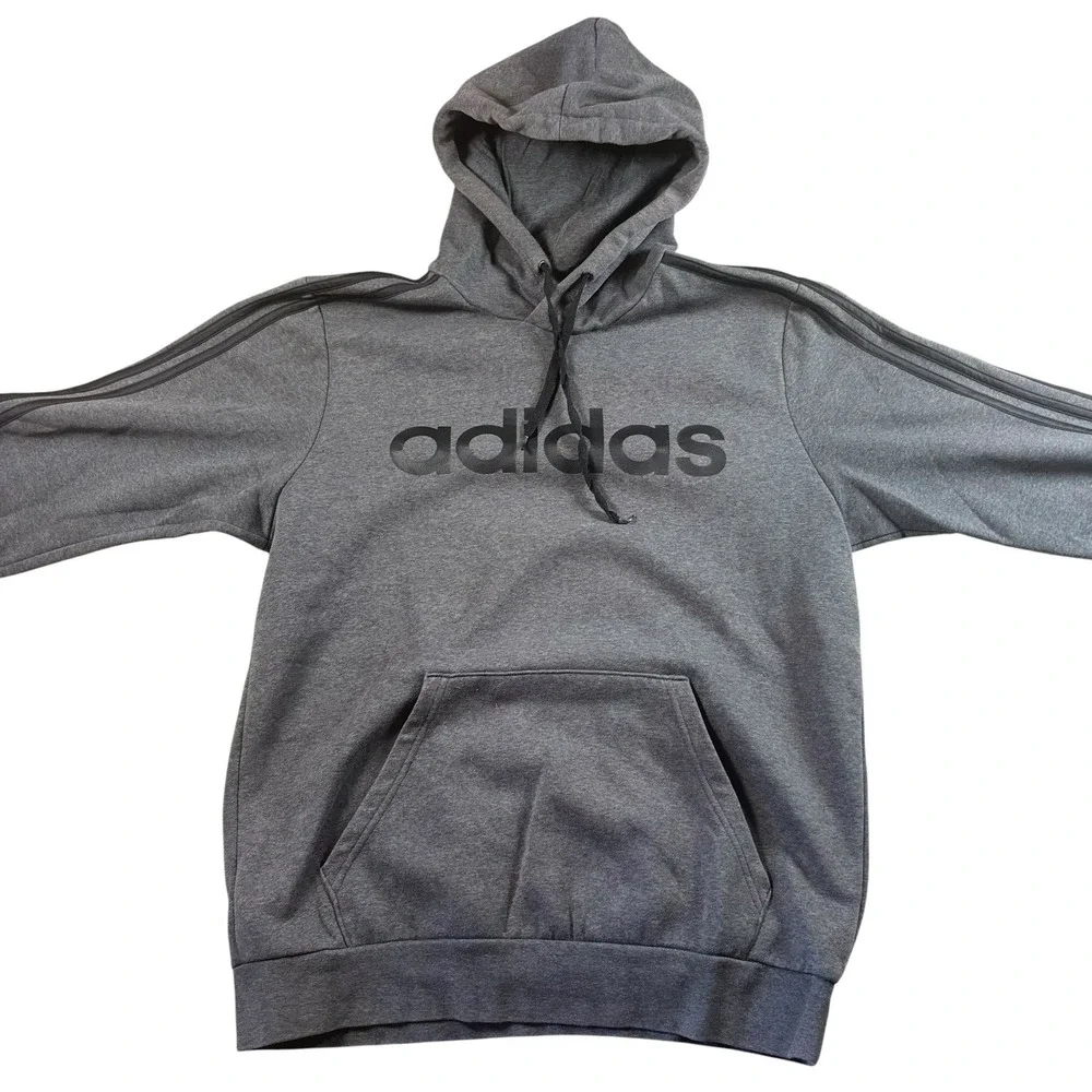 Adidas Hoodie Mens Medium Gray 3-Stripe Logo Pullover Sweatshirt Gorpcore Gym